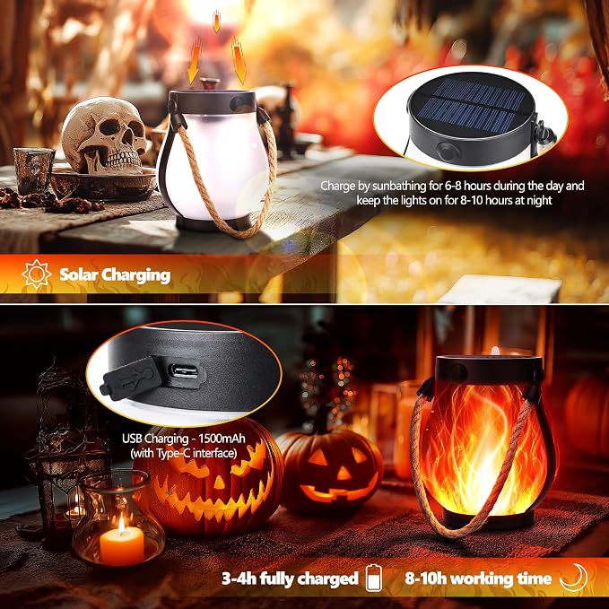 iBaycon 1 Pack Gen2 Solar Lantern Lights USB Halloween Flame Lamp, Red | Solar Garden Lights with Dual Charging USB & Solar, 2 Modes Outdoor Waterproof Hanging Lantern for Home Halloween Decor