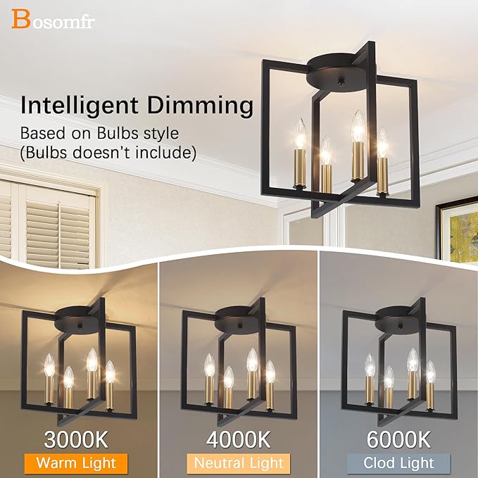 Modern Farmhouse 4-Light Black and Gold Ceiling Light Fixture, Industrial Close to Ceiling Light with Geometric Metal Shade, Perfect for Kitchen, Hallway, Bathroom