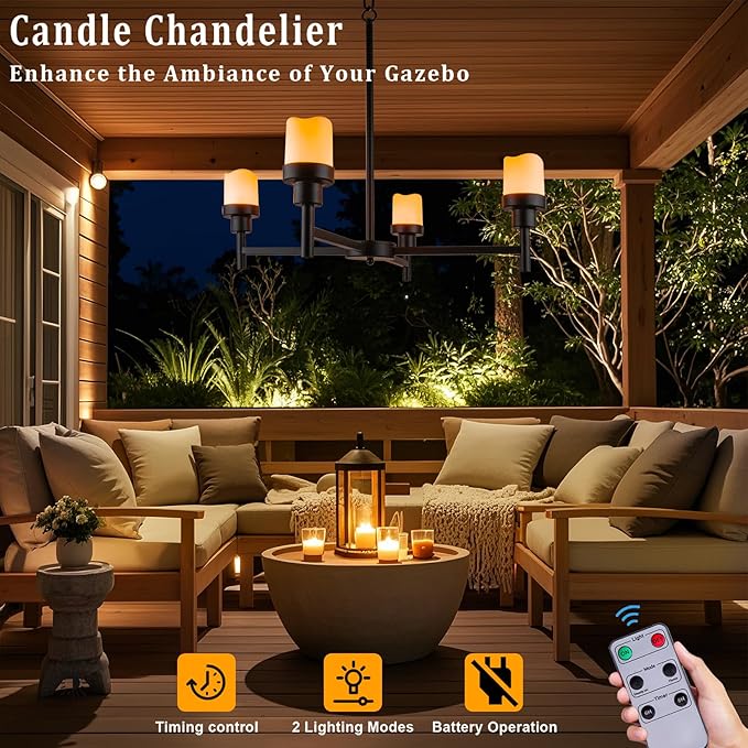 Battery Operated Chandelier, Outdoor Hanging Candle Lights Battery Gazebo Lights, Outdoor Chandelier for Gazebo, Canopy, Pergola, Porch, Tent Decor (4)