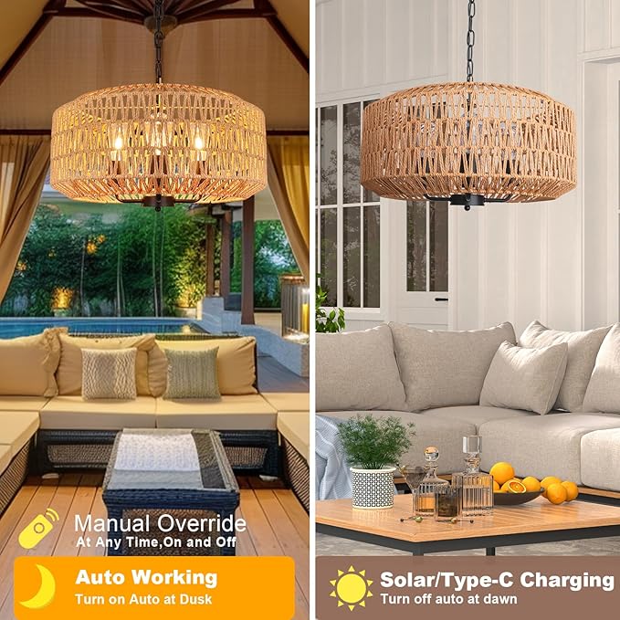 Outdoor Solar Chandelier, 4-Light 20" Rattan Outdoor Chandelier, Hanging Waterproof Pendant Lights, for Gazebo, Porch, Patio, Pergola