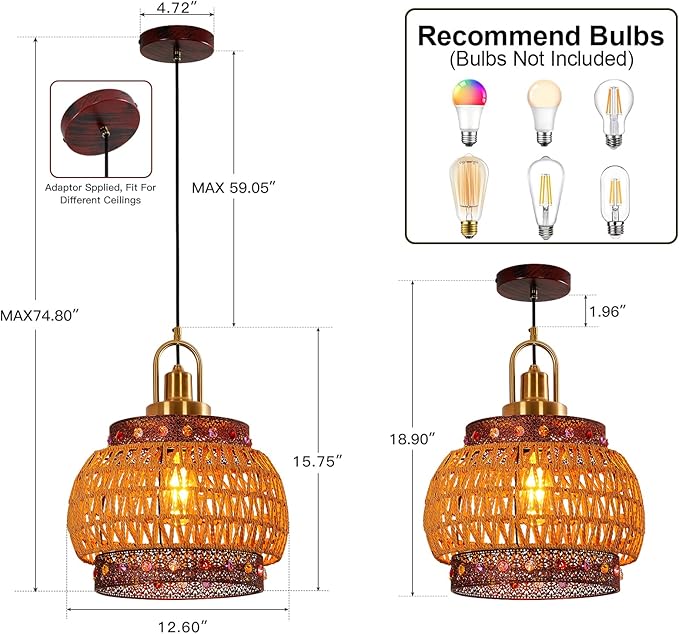 12.6-inch Vintage Burgundy Bohemian cage Chandelier, mid-Century Wicker Tiffany-Style lamp, Suitable for Kitchen Island, Farmhouse Dining Room, bar, Coffee Shop~