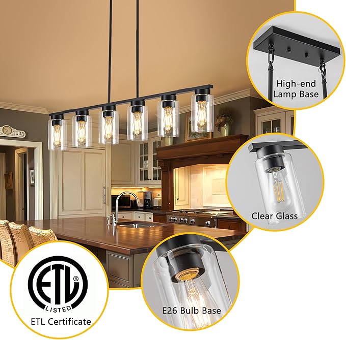Dining Room Light Fixture Island Lights for Kitchen 6-Light Kitchen Island Lights Farmhouse Dining Room Light Black Linear Chandelier Pendant Lights Kitchen Island