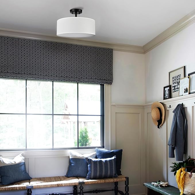 3-Light Black Semi Flush Mount Ceiling Light, 15-Inch Drum Light Fixtures Modern Farmhouse Matte Black Close to Ceiling Lamp for Bedroom Living Room Hallway Kitchen
