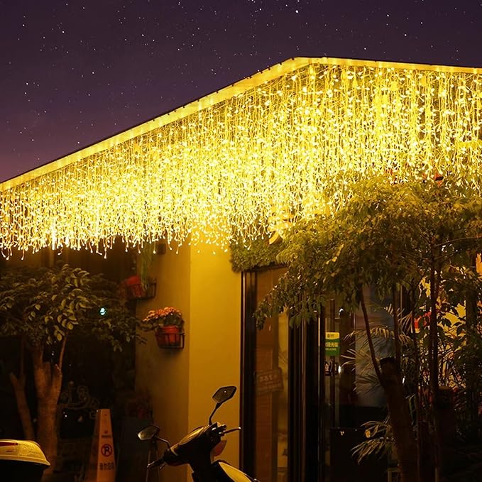 LED Icicle Lights, 8 Modes 19.7FT 150 LEDs Christmas Short Curtain Fairy Hanging Ceiling Extendable Lights for Wedding Balcony Doorway Outdoor Indoor Decoration Warm White, 6M05