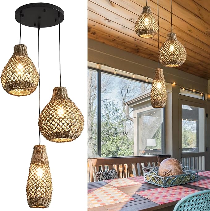 3-Lights Rattan Pendant Light Fixture,Boho Hand Woven Wicker Seagrass Farmhouse Ceiling Hanging Lighting,for Kitchen Island Dining Room, Restaurant, Hallway, Foyer,