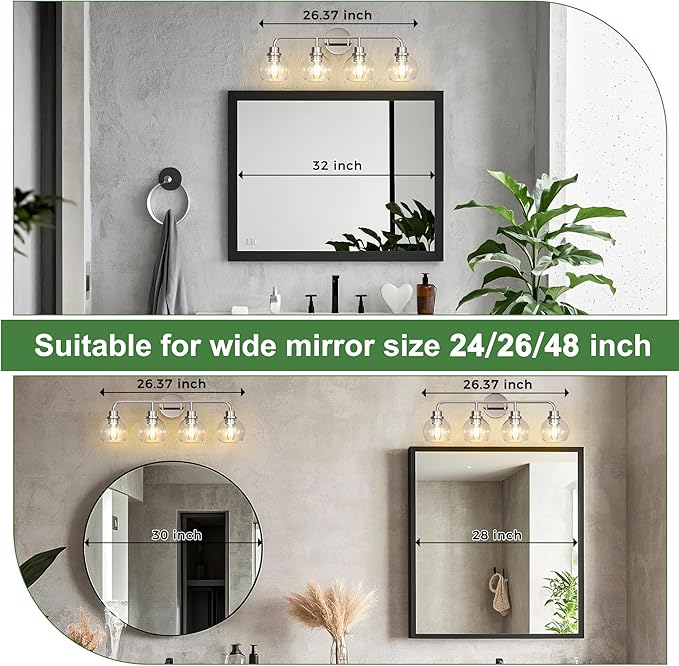 DORESshop Built to Last 20 Years Bathroom Light Fixtures, 4-Light Vanity Lights Over Mirror, Nickel Wall Lamp with Clear Glass for Living Room Decor Bedroom Porch Cabinet