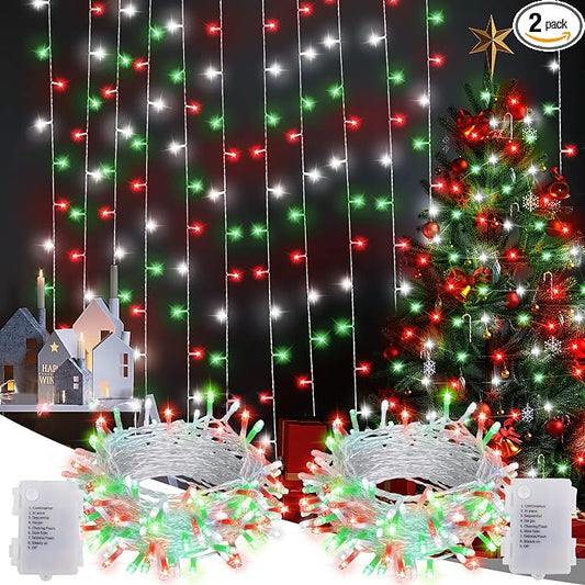 Red White Green Christmas String Lights Battery Operated, 2 Pack 100 LED String Lights 33Ft with Timer 8 Modes Outdoor Indoor Novelty Lights for Home Xmas Tree Garland Holiday Decor