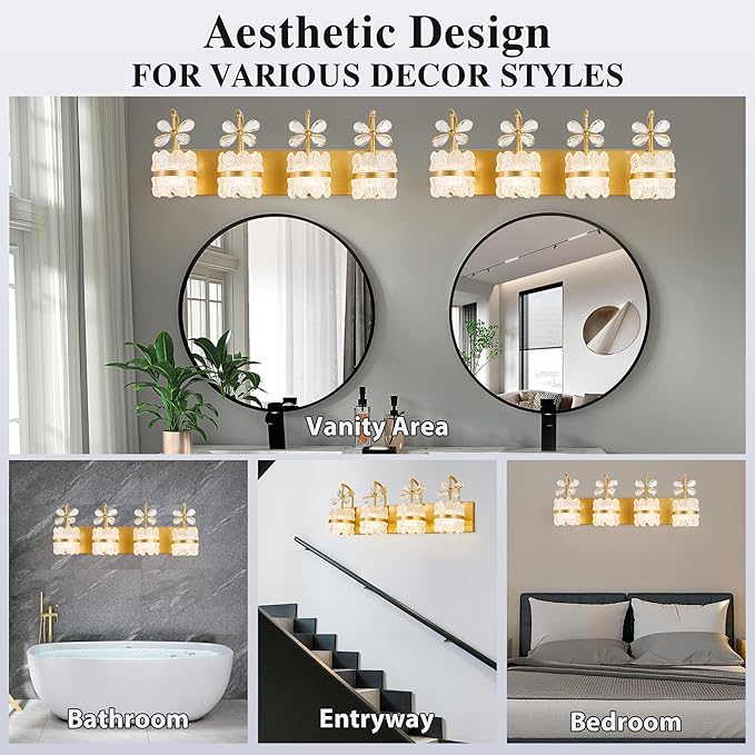 Bathroom Lights Over Mirror - Makeup Lighting Gold - Bathroom Vanity Light with Acrylic Shades for Bath, Makeup Desk, Farmhouse, Hallway, 4-Light