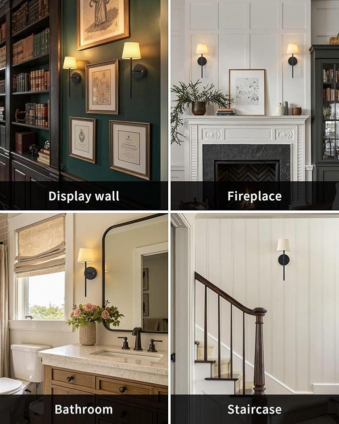 Battery Operated Wall Sconce Set of 2, Small LED Rechargeable Wall Lights with Remote, 5200mAh Dimmable Fabric Shade Cordless Wall Lamp for Bedside, Bedroom, Hallway, Living Room, Gifts (Black)
