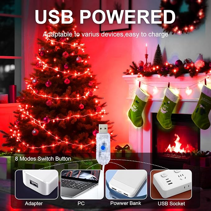 1 Pack USB Plug in Fairy String Lights,16ft 50 LED Copper with Remote and Timer, 8 Modes Waterproof Twinkle String Lights for Bedroom Indoor Party Wedding Christmas Decoration (Red)