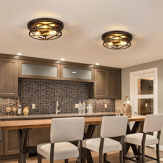1 Pack Flush Mount Ceiling Light, 3-Light Close to Ceiling Light Fixtures, 13 Inch Farmhouse Cage Style Ceiling Lights for Bedroom, Living Room, Porch Kitchen (Black + Gold)