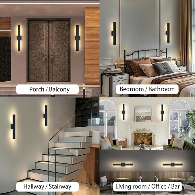 Aluminum Modern LED Wall sconces 2 Pack, 24.4 inch Matte Black Waterproof Wall Lights with 28W LED Light Source for Indoor,Outdoor,Living Room,Bedroom,Garage,Porch,Hallway