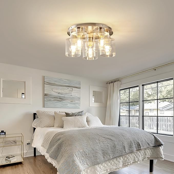 OKELI 5-Lights Semi Flush Mount Ceiling Light Kitchen Lighting Fixtures Ceiling Brushed Nickel Kitchen Cieling Light Fixtures with Clear Glass Shade for Dining Room Entryway Foyer Hallway