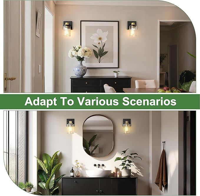 DORESshop Wall Sconces Set of 2 for Bathroom, Modern Vanity Light Fixtures with Clear Glass Shade, Black and Gold Wall Mount Lighting Lanterns for Bedroom Living Room Mirror Hallway Kitchen
