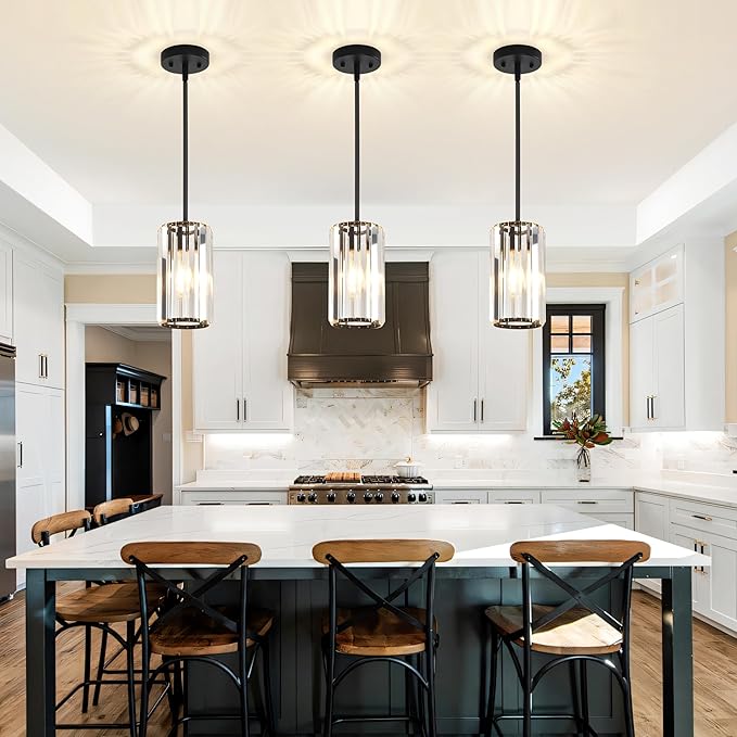 3-Pack Matte Black Pendant Light Fixtures, Crystal Kitchen Pendant Lighting Over Island,Mini Modern Pendant Lights for Kitchen Island, Dining Room, Hallway, Foyer, Entryways