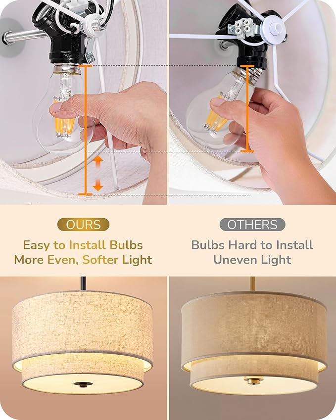 EDISHINE 12.6" Semi Flush Mount Ceiling Light, 3-Light Close to Ceiling Light Fixtures with Double Drum Linen Fabric Shade, Hallway Lights Fixtures for Living Room Entryway Kitchen, Matte Black