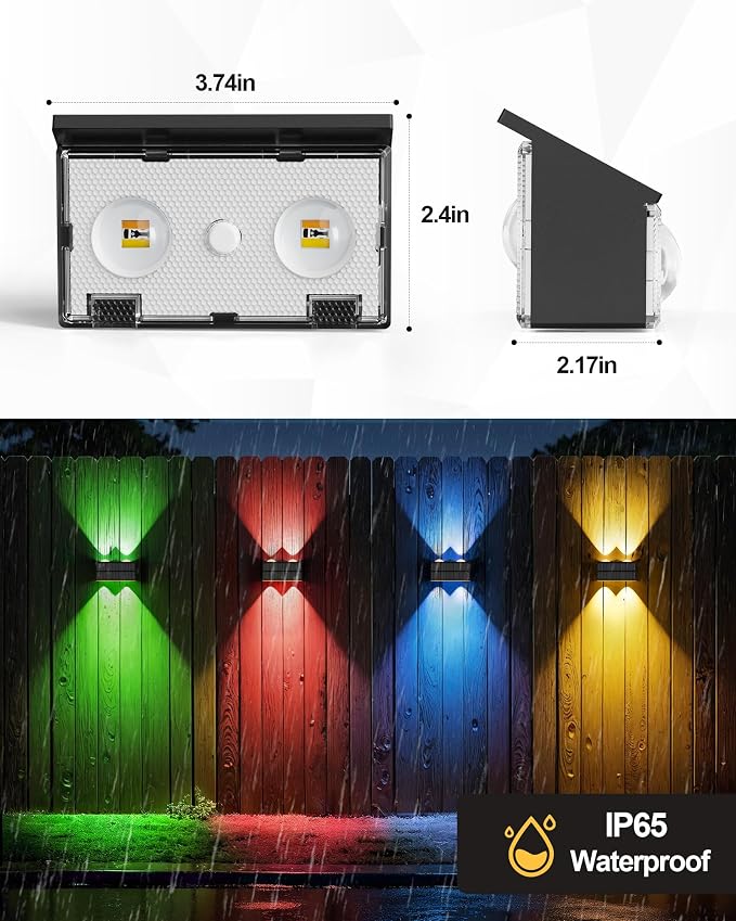 Bridika Solar Fence Lights, 8 Pack Up and Down Solar Lights Outdoor Waterproof, 8 Colors Lens LED Dusk to Dawn Wall Lights for Fence, Patio, Deck, Backyard, Garden