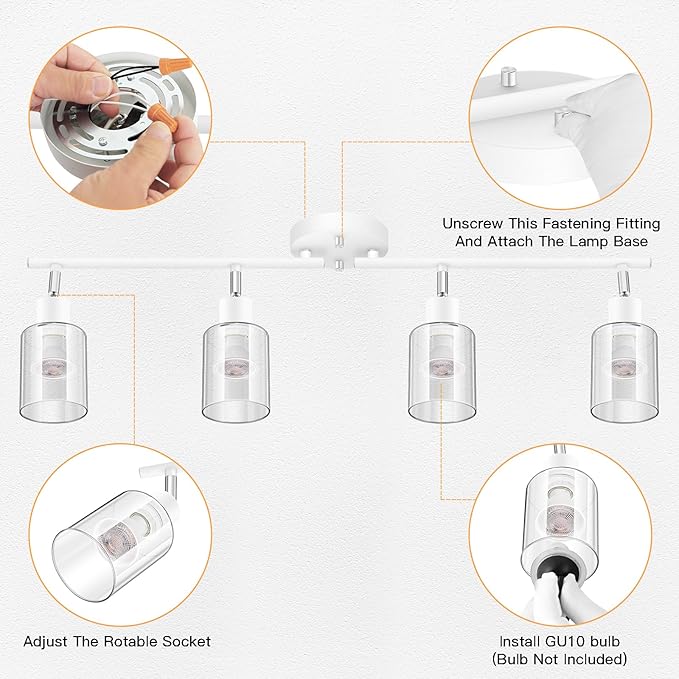 BoostArea 4-Light Bathroom Light Fixtures, White Modern Vanity Wall Lights with Clear Glass Shade, Flexibly Ceiling Light for Mirror Kitchen Living Room Hallway Cabinet Porch