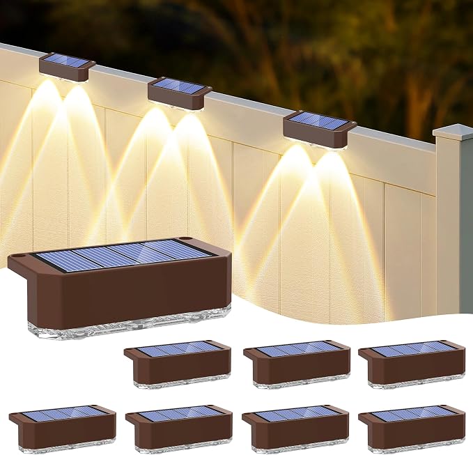 Peasur 8 Pack Solar Fence Lights Outdoor, Deck Light Solar Powered, IP65 Waterproof Led Riling Solar Lights for Outside Yard Step, Wram White