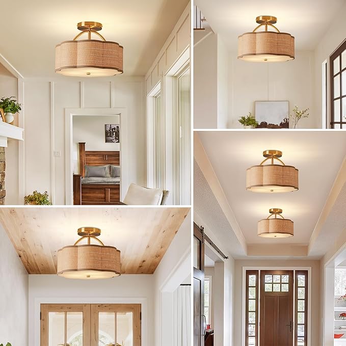 13" Rattan Semi Flush Mount Ceiling Light 3-Light Boho Mini Chandelier Ceiling Light Flush Mount for Hallway,Entrance,Kitchen,Bathroom,Bedroom,Living Room