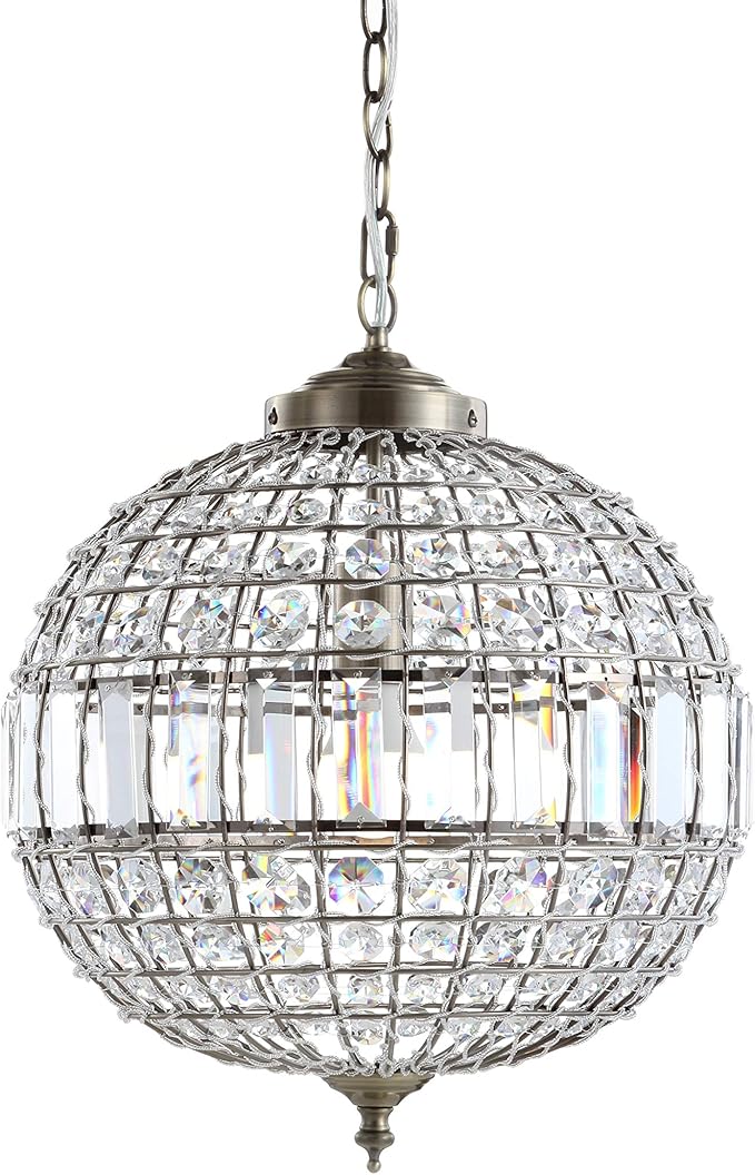 JONATHAN Y 16" Antique Brass/Clear Modern Crystal LED Pendant Light for Kitchen, Clear Crystal Shade, Glam Globe Chandelier Hanging Ceiling Lamp for Dining Room Entryway (JYL6110B)