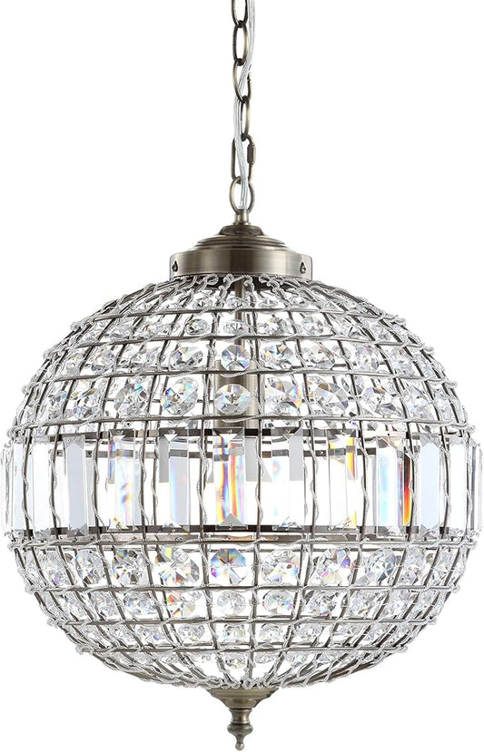 JONATHAN Y 16" Antique Brass/Clear Modern Crystal LED Pendant Light for Kitchen, Clear Crystal Shade, Glam Globe Chandelier Hanging Ceiling Lamp for Dining Room Entryway (JYL6110B)