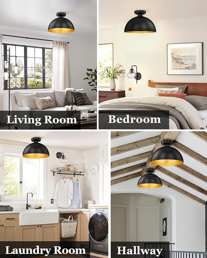 ELYONA 2 Pack Hammered Semi Flush Mount Light Fixture, 12 inch Farmhouse Ceiling Light Fixture with Modern Black and Gold Finish for Bedroom, Bathrooms, Hallway, Kitchen, Porch, Laundry, Foyer