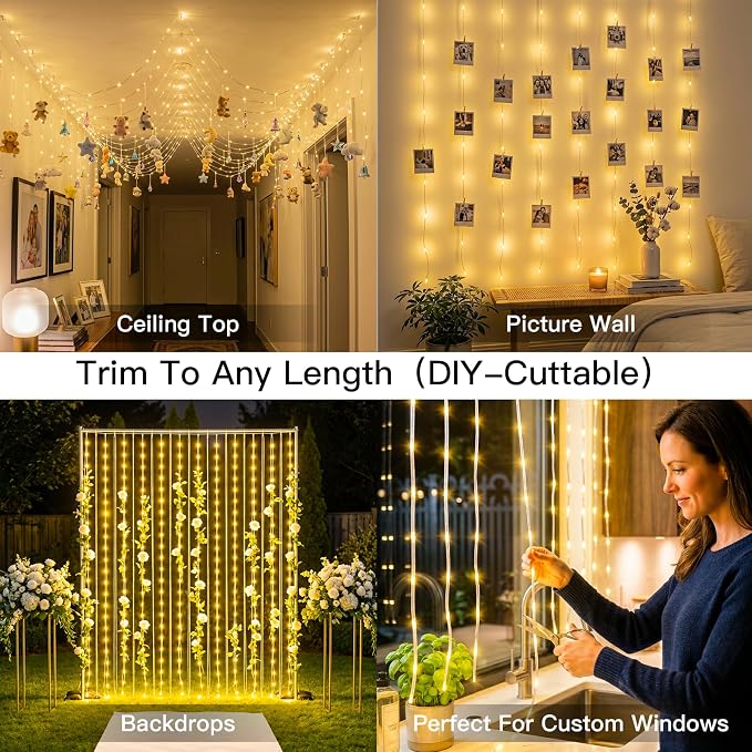 suddus Tangle-Free Curtain Lights,200 LED 6.5x6.5ft Hanging Lights with Hooks, Curtain Lights for Bedroom,Christmas, Dorm, Wall, Backdrop, Window, Wedding, Party, Birthday Decor, Warm White