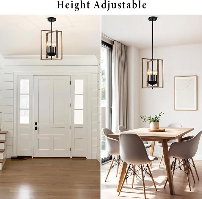 12.2" Farmhouse Chandelier, 4-Light Wood Textured Pendant Lights Kitchen Island, Rustic Hanging Light Fixture for Dining Room Kitchen Sink Foyer Hallway Bar