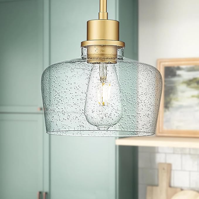 Emak 8 Inch Gold Pendant Light Fixtures, Modern Pendant Lights Kitchen Island with Seeded Glass Shade, 1 Light Hanging Light for Kitchen Island, Dining Room, Bathroom, Bedroom, PL122-GD