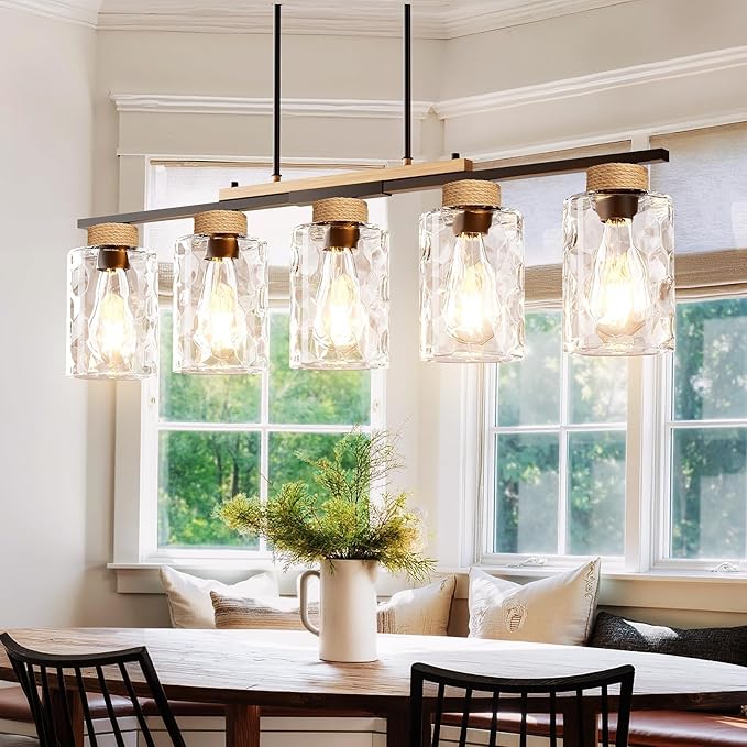 Island Light, Up-Grade Thickened Clear Glass 5-Light Dining Room Light Fixture with Adjustable Height, Farmhouse Linear Chandelier Over Table Kitchen Black Rustic Wood Ceiling Pendant Light Fixtures