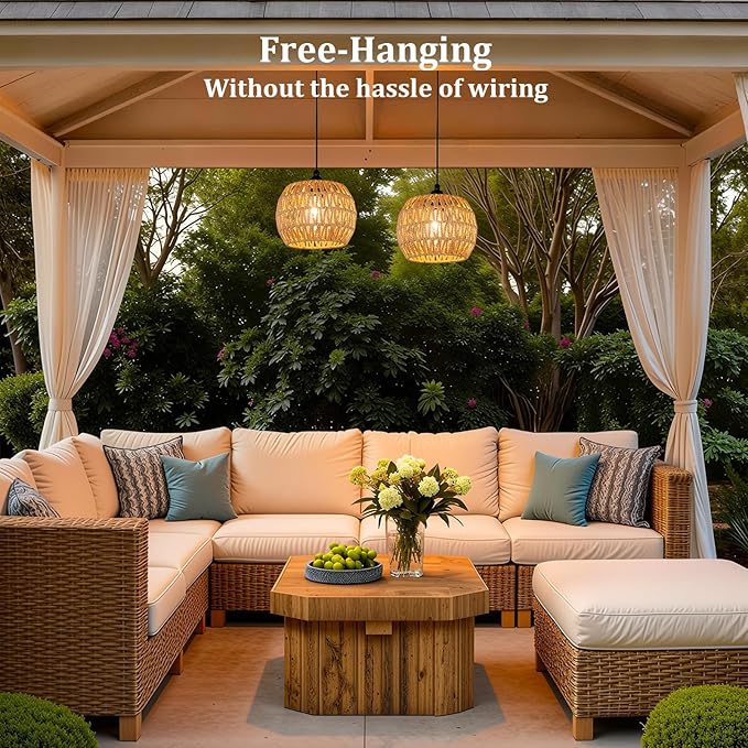 Battery Operated Outdoor Chandelier,Battery Operated Pendant Light with Remote Control, No Wiring Outdoor Hanging Light for Porch Patio Gazebo (7.9" 2Pack)