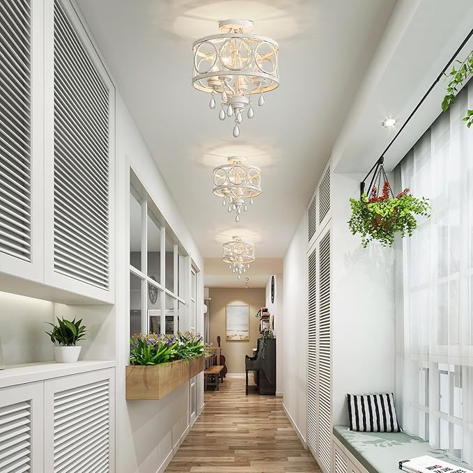 Crystal Ceiling Light Fixture, Modern Semi Flush Mount Ceiling Light, 4-Light White Round Crystal Chandelier Hallway Lighting Fixtures for Bedroom Bathroom Foyer Entryway Dining Room Kitchen
