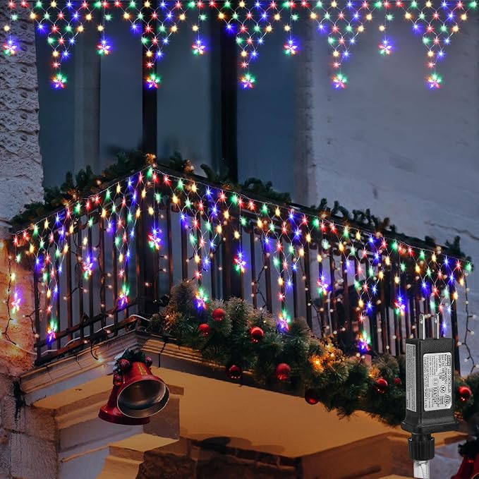 Christmas Lights Outdoor Decorations 218 LED 13.8ft Curtain Fairy Lights with 12 Drops, LED String Light Decor with 8 Modes for Party Holiday Christmas Home Indoor Outdoor Decor Star Multicolor