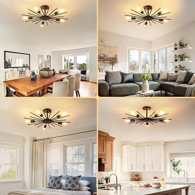 Black Semi Flush Mount Ceiling Light, 27.5 Inch 5-Light Large Sputnik Flush Mount Light Fixtures, Farmhouse Industrial Sloped Ceiling Lighting for Kitchen, Entryway, Bedroom, Living Room