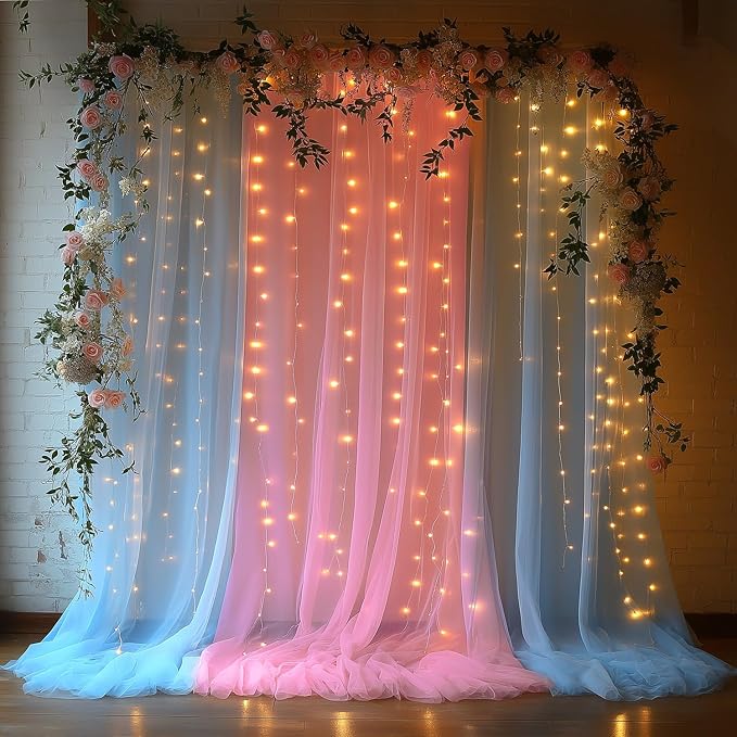Pink and Blue Tulle Backdrop Curtains with Lights String – 2 Panels 5x8ft Sheer Backdrop for Gender Reveal, Baby Shower, Boy or Girl Birthday Party, Photo Shoot, Party Decorations