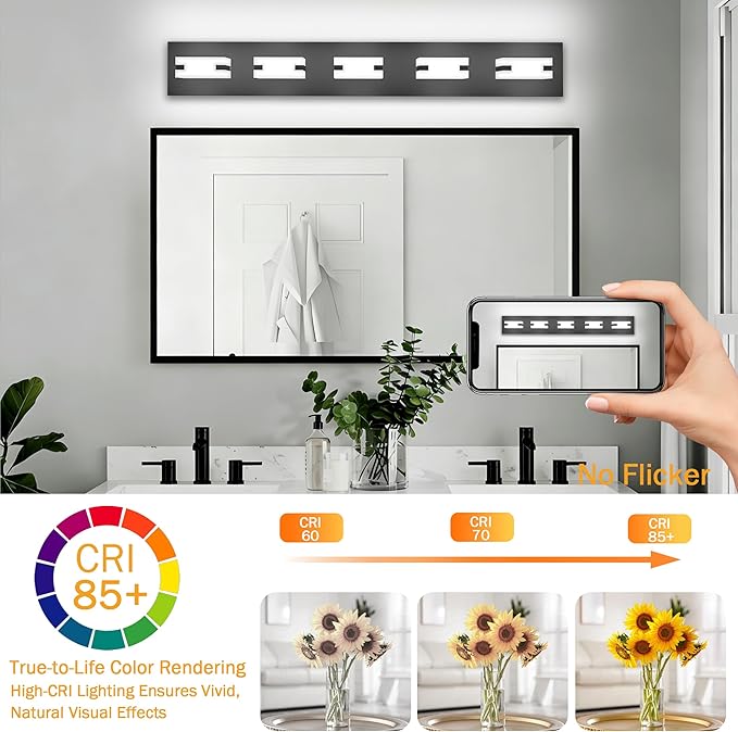 LED Bathroom Light Fixtures, 5-Light Modern Vanity Lights with Milky White Frosted Acrylic Shades, Matte Black Bathroom Lighting Fixtures Over Mirror, ETL Listed, 35W 5CCT Adjustable