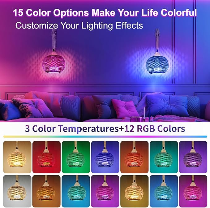 Frideko Boho Rechargeable Battery Operated Wall Sconces Set of Two with Remote, RGB 15 Colors Dimmable Wireless Wall Light, Bamboo Indoor Wall Lamp with 3 Timer, Rattan Wall Lighting for Bedroom