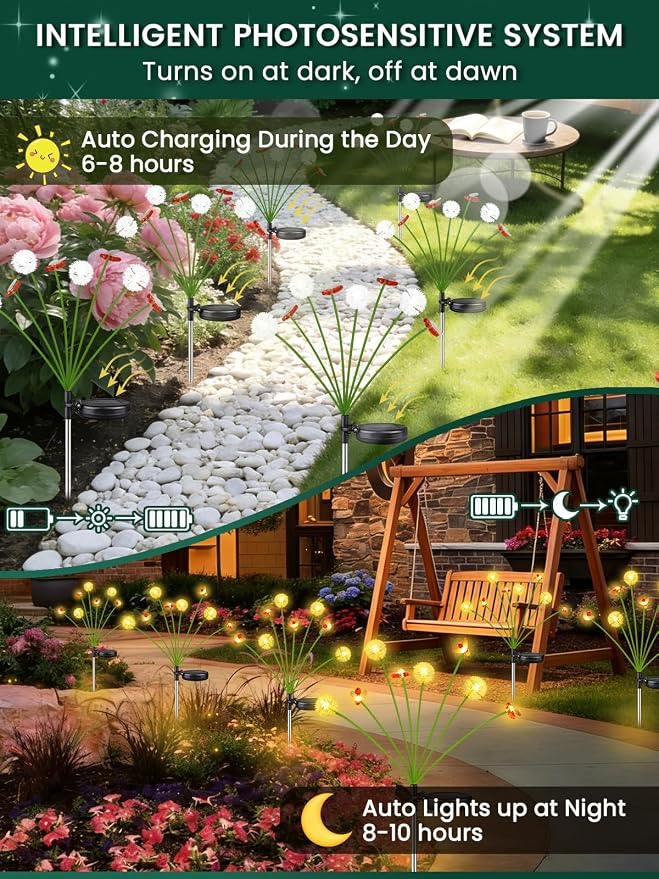 Solar Garden Lights Outdoor, 4 Pack 32 LED, Solar Swaying Dandelion Bee Lights Waterproof, Swaying Firefly Lights for Yard Pathway Lawn Patio Decorations, 2 modes (Steady on, Slow Twinkle), Warm White