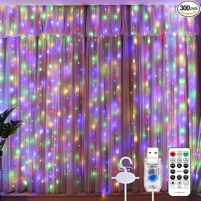 Curtain String Lights, Multicolor Curtain Light for Bedroom, USB Powered 8 Modes Remote Fairy Light for Home Wedding Party Decor
