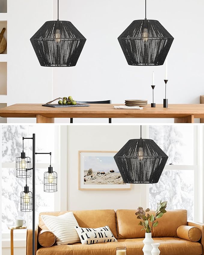 ELYONA 16.5” Large Modern Woven Chandelier Farmhouse Coastal Pendant Light Fixtures Matte Black Handwoven Rattan Basket Shade Boho Pendant Hanging Lamp for Kitchen Dining Room Bedroom Foyer Hallway