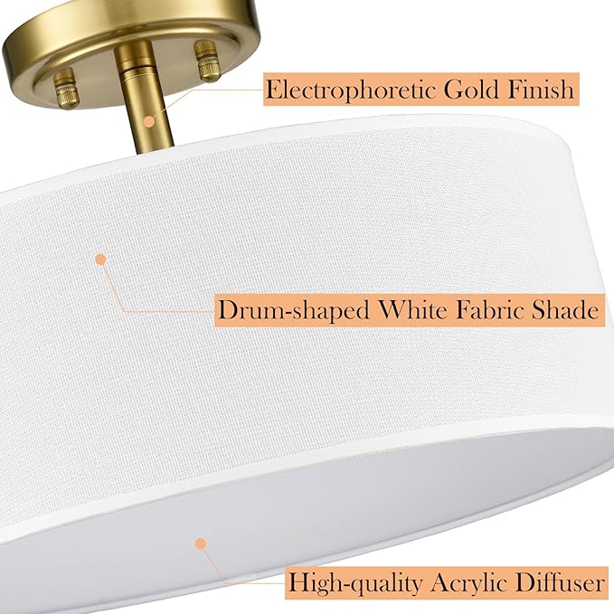 3-Light Gold Semi Flush Mount Ceiling Light Fixture, 15-Inch Drum Light Fixtures Modern Brass Close to Ceiling Light for Bedroom Hallway Living Room Kitchen