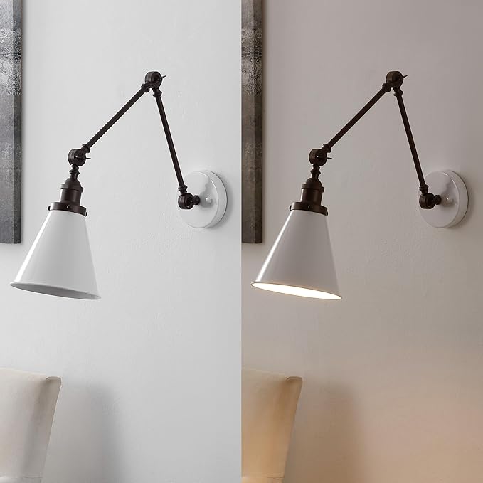 JONATHAN Y 7" White/Oil Rubbed Bronze Classic Industrial Metal Adjustable Arm LED Wall Sconce for Bedside Reading, Farmhouse Swing Arm Wall Lamp with Metal Shade, Hardwired (JYL7462C-SET2)