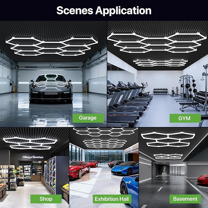 Glitgate Hexagon LED Garage Light, 245W 26950LM 8-Grid Honeycomb Hex Lighting System, 6500K Ultra Bright Ceiling Light for Garage, Car Detailing Shop, Workshop, Basement, Gym
