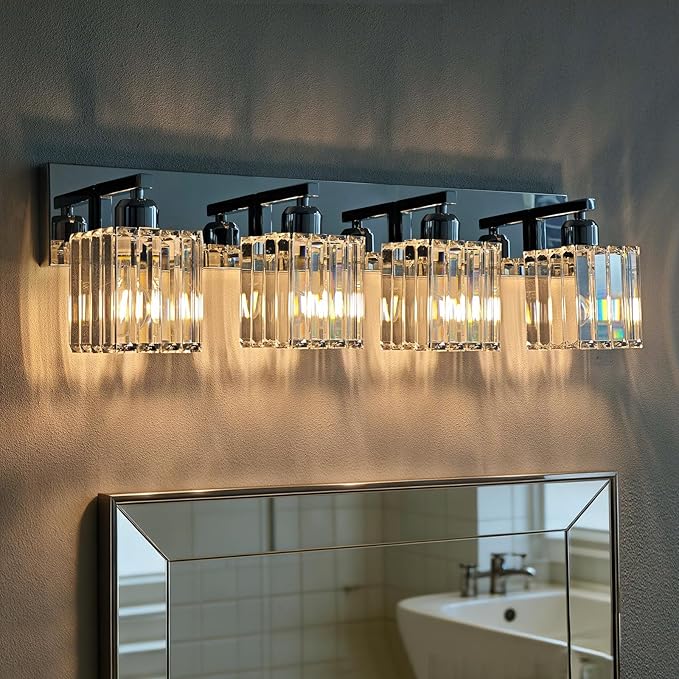 Brushed Chrome Crystal Bathroom Vanity Light, 4-Light Modern Bathroom Lighting Fixtures Over Mirror,Chrome Wall Sconce Light Fixtures with Square Shade