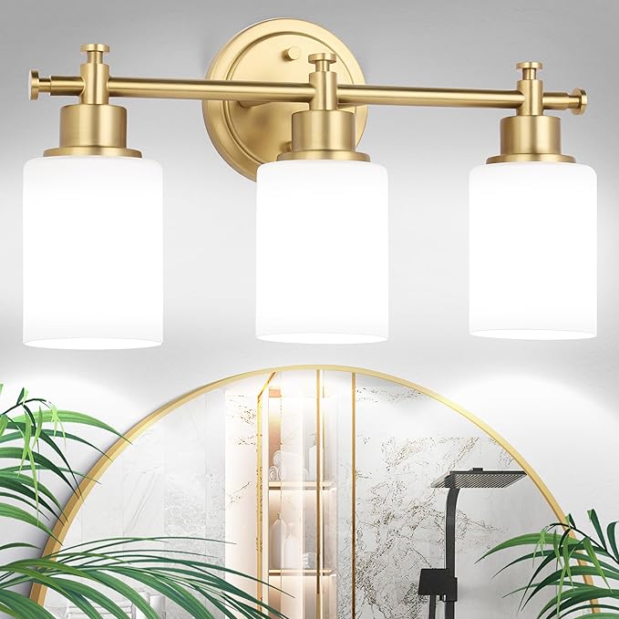 3-Light Gold Bathroom Vanity Light Fixtures, Brushed Gold Wall Sconce, Champagne Gold Vanity Light with Milky White Glass Shade Over Mirror, Bathroom, Bedroom, Modern Style, E26 Base