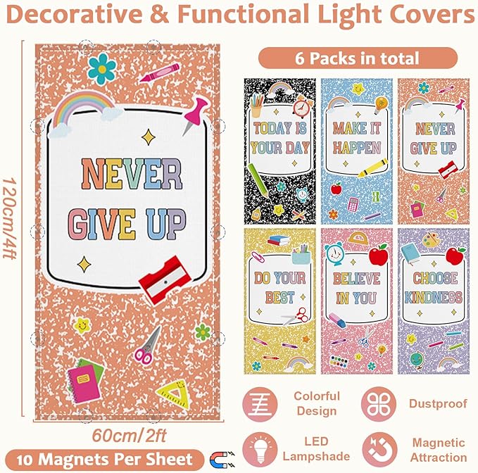 QOUBAI 6 Pcs Fluorescent Light Covers,4 x 2 Ft Magnetic Light Filters Notebook Fluorescent Lights Shade Easy Install for Classroom Office Library Hospital Home Ceiling Composition