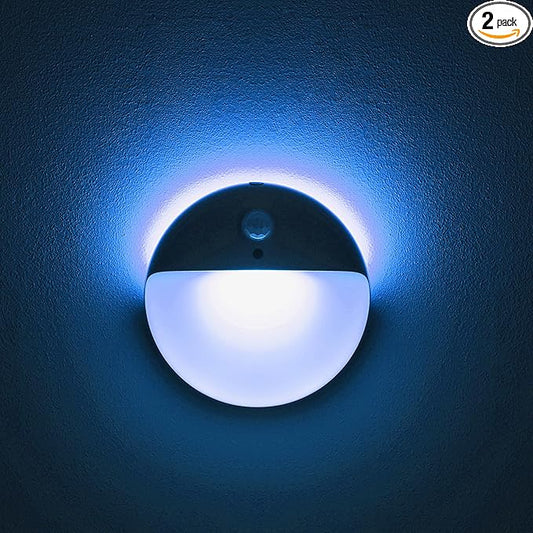 YUNLEX 2 Pack Azure Battery Night Light, Motion Activated Night Light, 2.6" Small Sticky Lights, 3 Light Modes, Dimmable Battery Operated Lights for Travel, Toilet, Bathroom, Closet, Stairs,Corridor