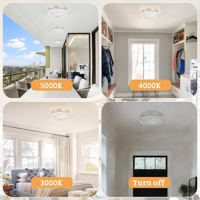 Crystal Flush Mount Ceiling Light 3000/4000/5000K Modern Crystal Light Fixtures Ceiling Mount for Bathroom Hallway Porch Laundry Room Cloakroom 11", LED, Dimmable