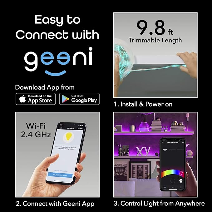 Geeni Prisma Strip 9.8 ft Smart LED Strip Lights, Indoor/Outdoor Adhesive Strips, Lights for TikTok, Alexa & Google Home Compatible. No Hub Required (3M Light Strips)